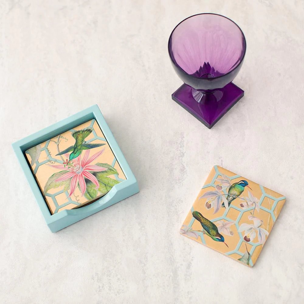 An image of Caspari Hummingbird Trellis Gold Lacquer Coaster - Set of 4