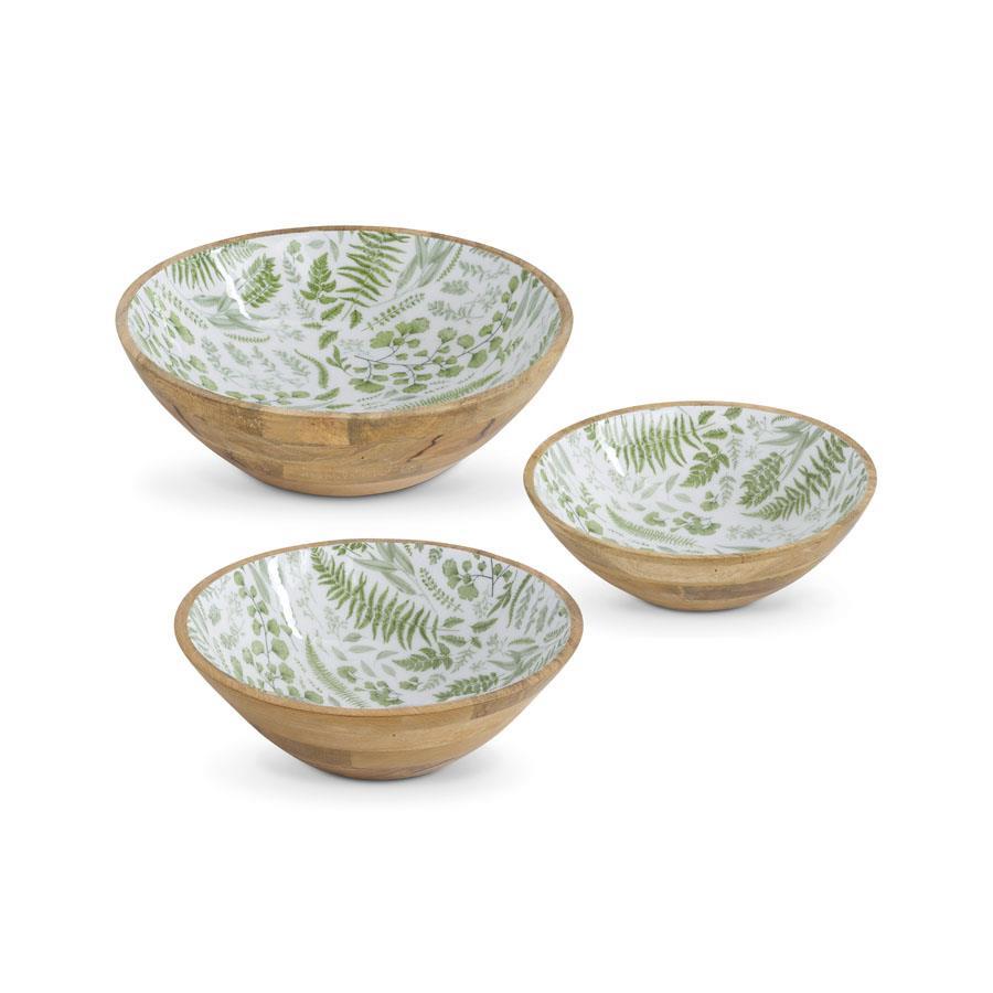 An image of K & K Interiors Set of 3 Wooden Bowls w/Fern Enamel Inside