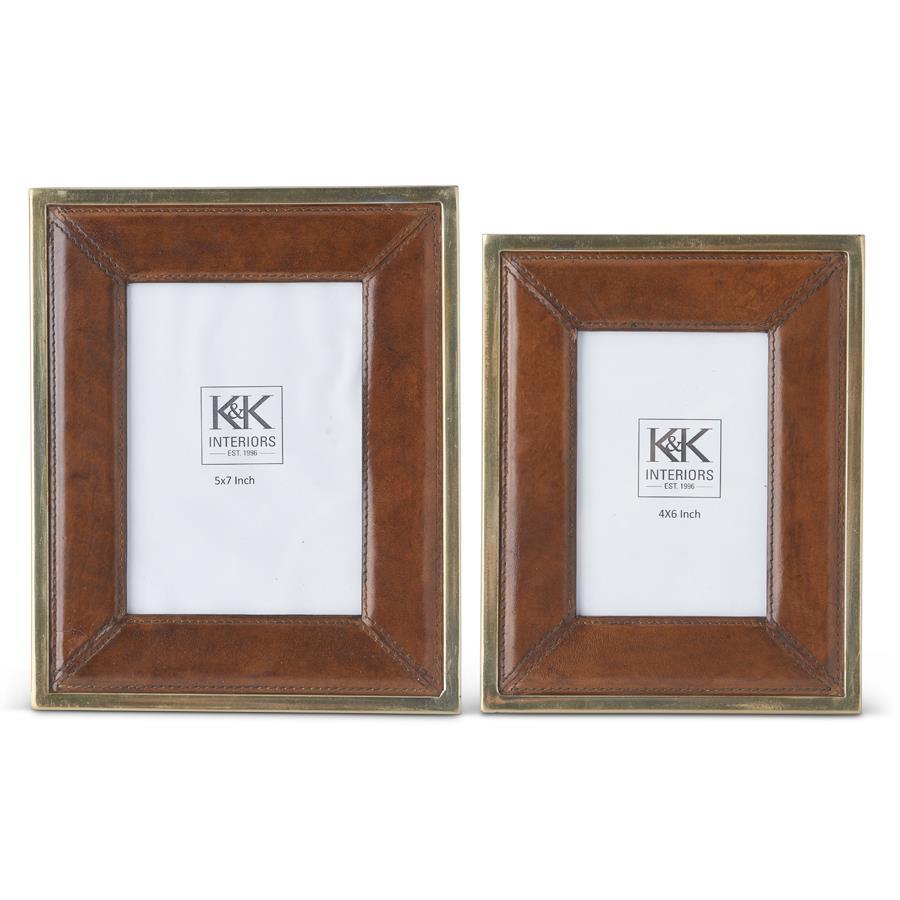 An image of K&K Metal Trimmed Tan Leather Photo Frames - Set of 2