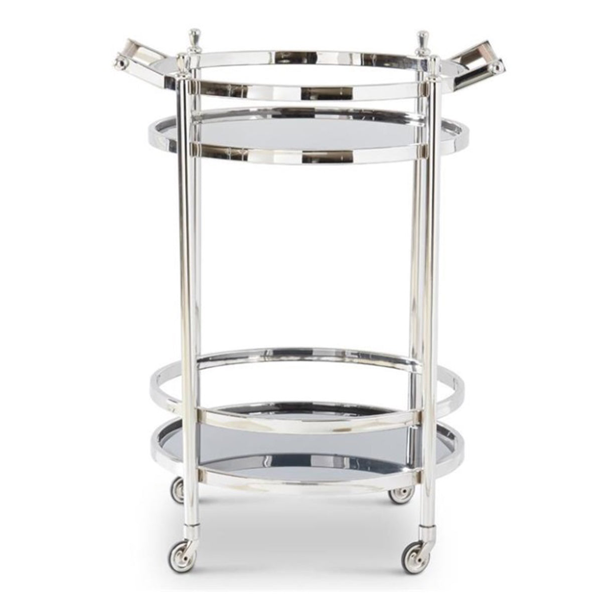 An image of K & K 37" Silver Metal Round Bar Cart with 2 Smoked Glass Shelves
