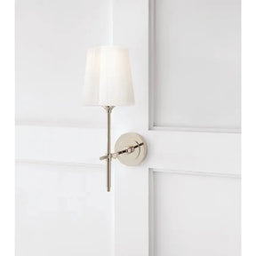 Close up of  Visual Comfort Bryant Sconce in Polished Nickel and White