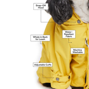 Max-Bone Talon Yellow Raincoat Snap off hood whole in back for leash water repellant fabric adjustable cuffs machine washable