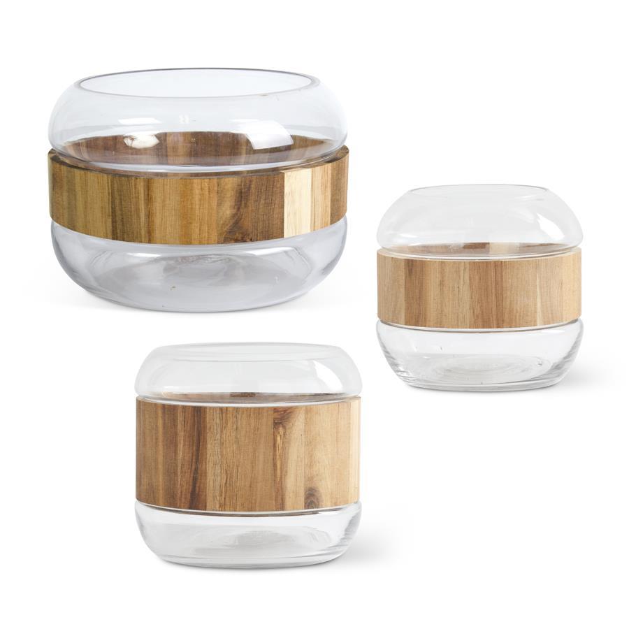 An image of K & K Round Clear Glass with Acacia Wood Ring - Set of 3