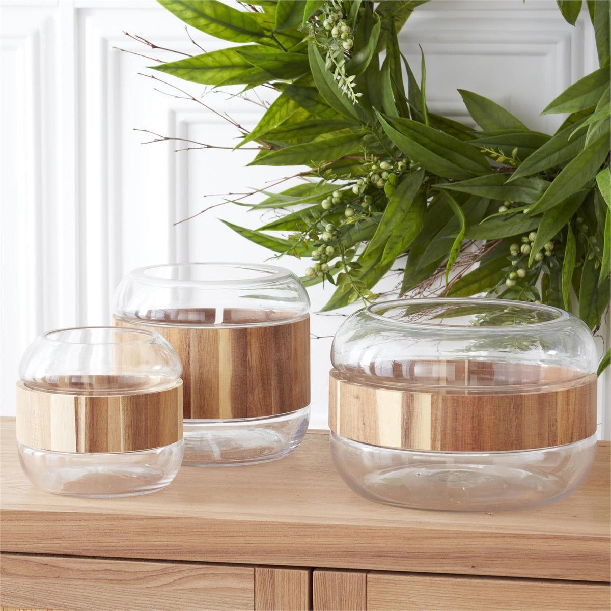 K & K Round Clear Glass with Acacia Wood Ring - Set of 3