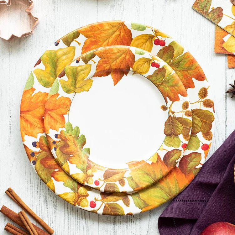 An image of Caspari Autumn Leaves Round Salad & Dessert Plates