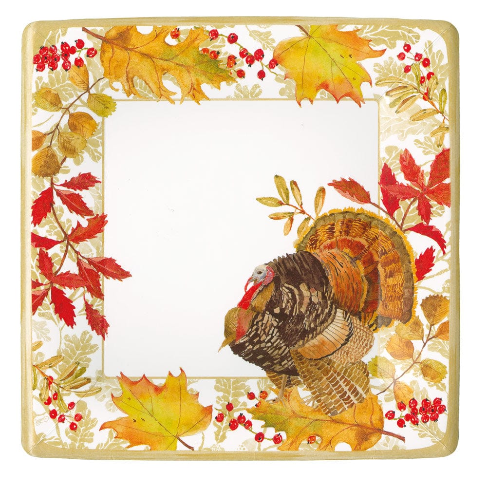An image of Caspari Woodland Turkey Square Dinner Plates