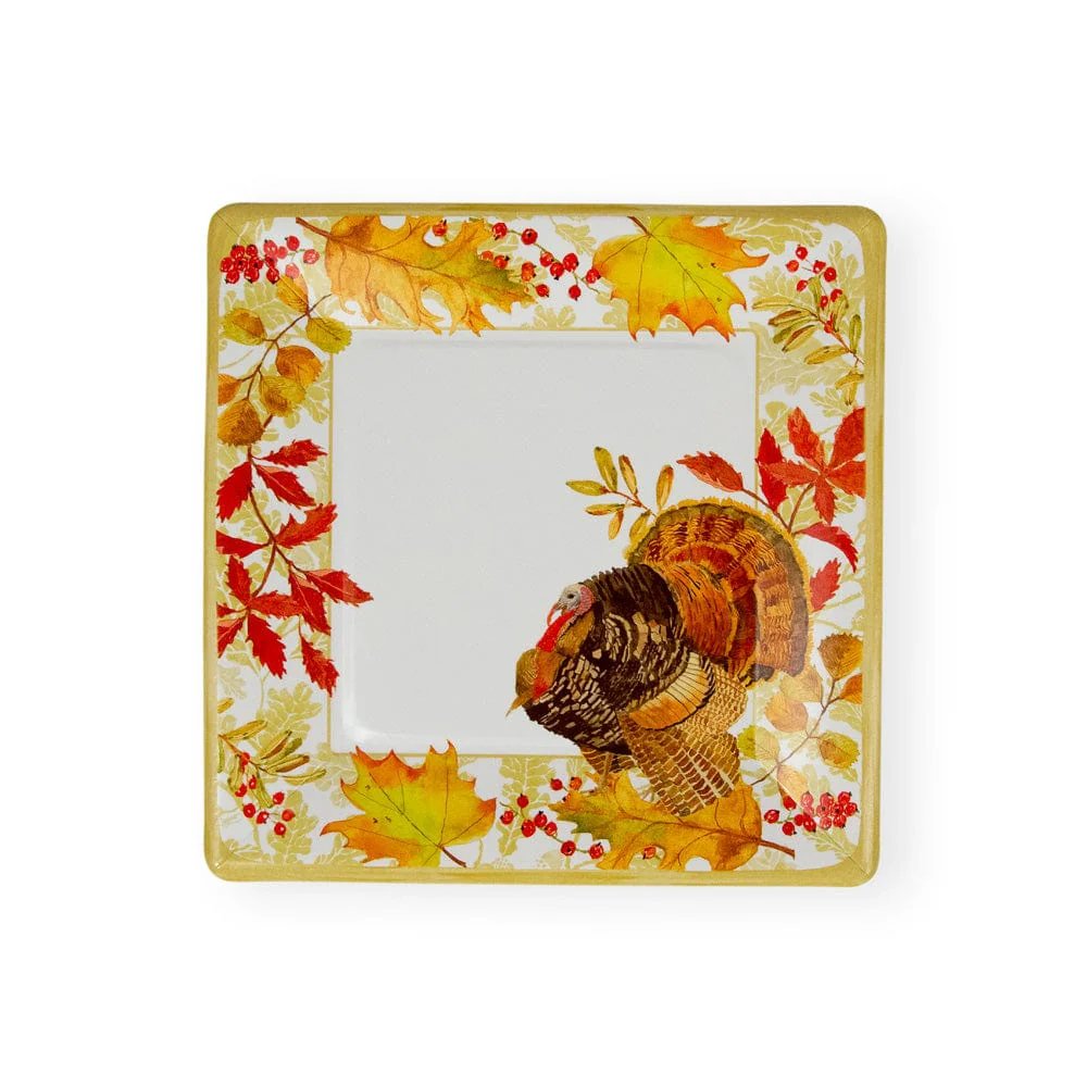 An image of Caspari Woodland Turkey Square Salad & Dessert Plates