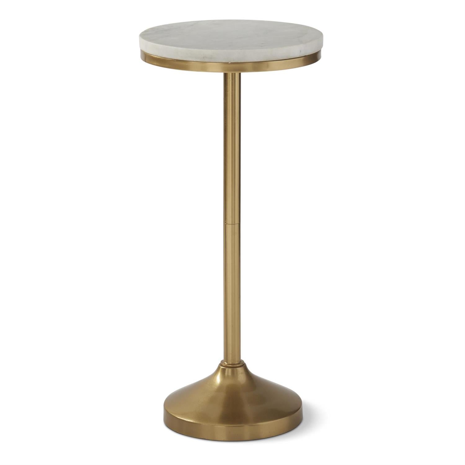 An image of K&K Interiors 22" White Marble Top Drink Table w Gold Spine and Base