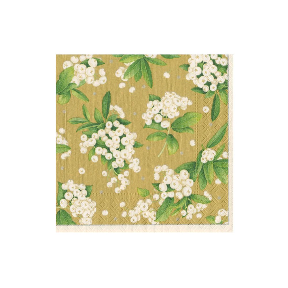 Caspari Christmas Berry Gold White Cocktail Napkins
