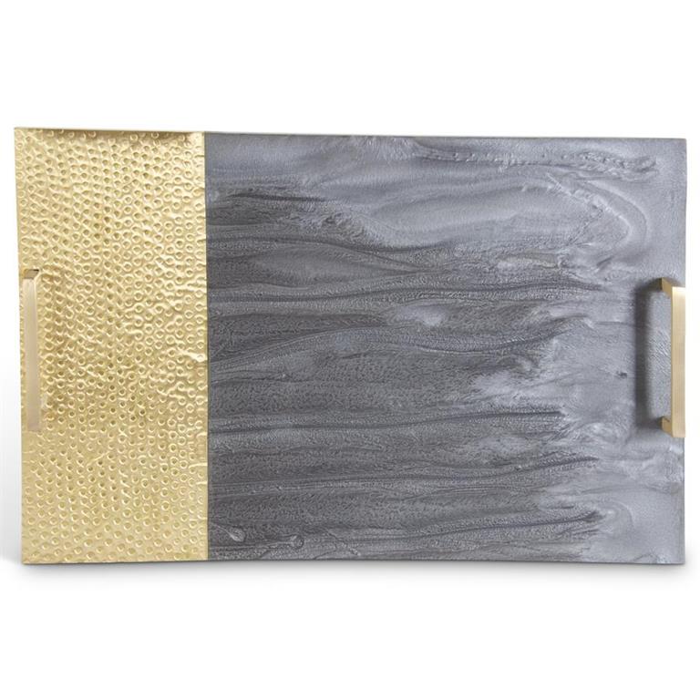 K & K Interiors  Gray Marbled Resin and Textured Brass Serving Tray