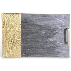 K & K Interiors  Gray Marbled Resin and Textured Brass Serving Tray