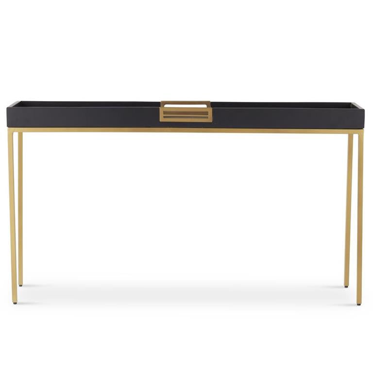 An image of K & K 54" Raised Edge Black Mango Wood Tray Console with Gold Metal