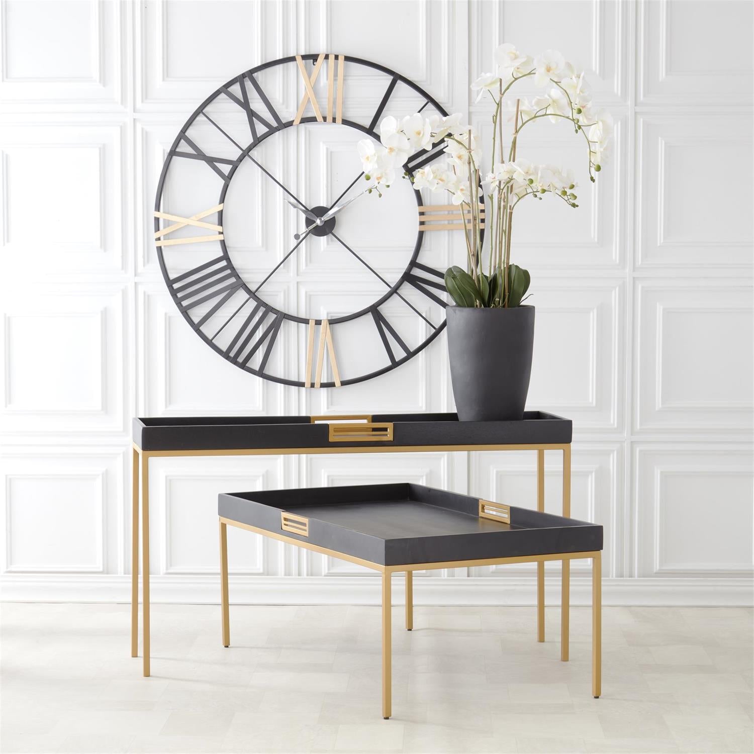 An image of K & K 54" Raised Edge Black Mango Wood Tray Console with Gold Metal