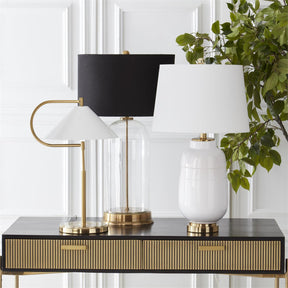 K&K Interiors 29.5" Clear Glass Lamp w Gold Metal Spine and Black Shade