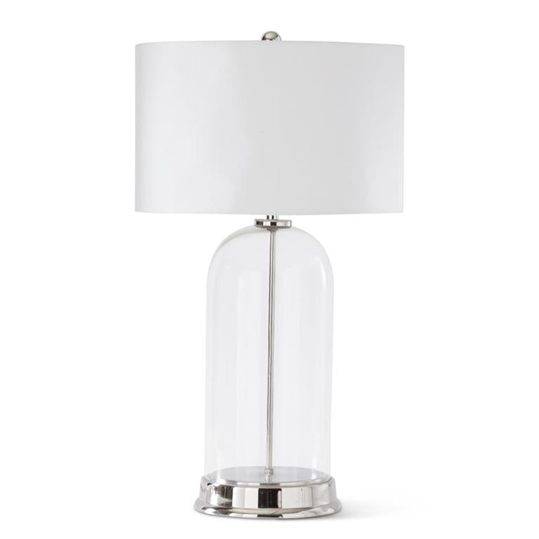 An image of K & K 29.5" Clear Glass Lamp with Silver Metal Spine & White Shade