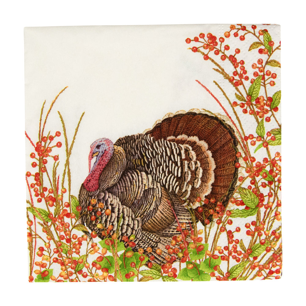 An image of Caspari Turkey and Berries Cocktail Napkin