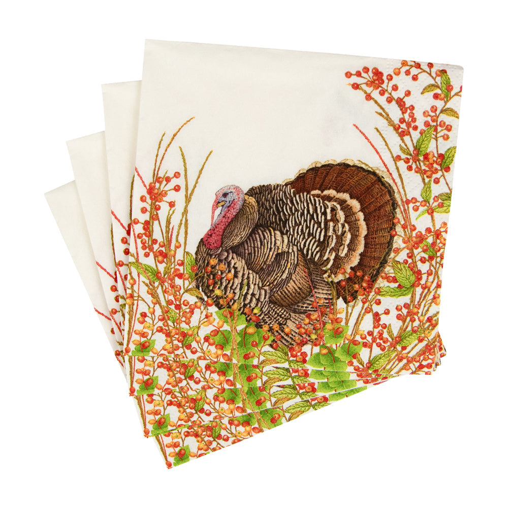 An image of Caspari Turkey and Berries Cocktail Napkin