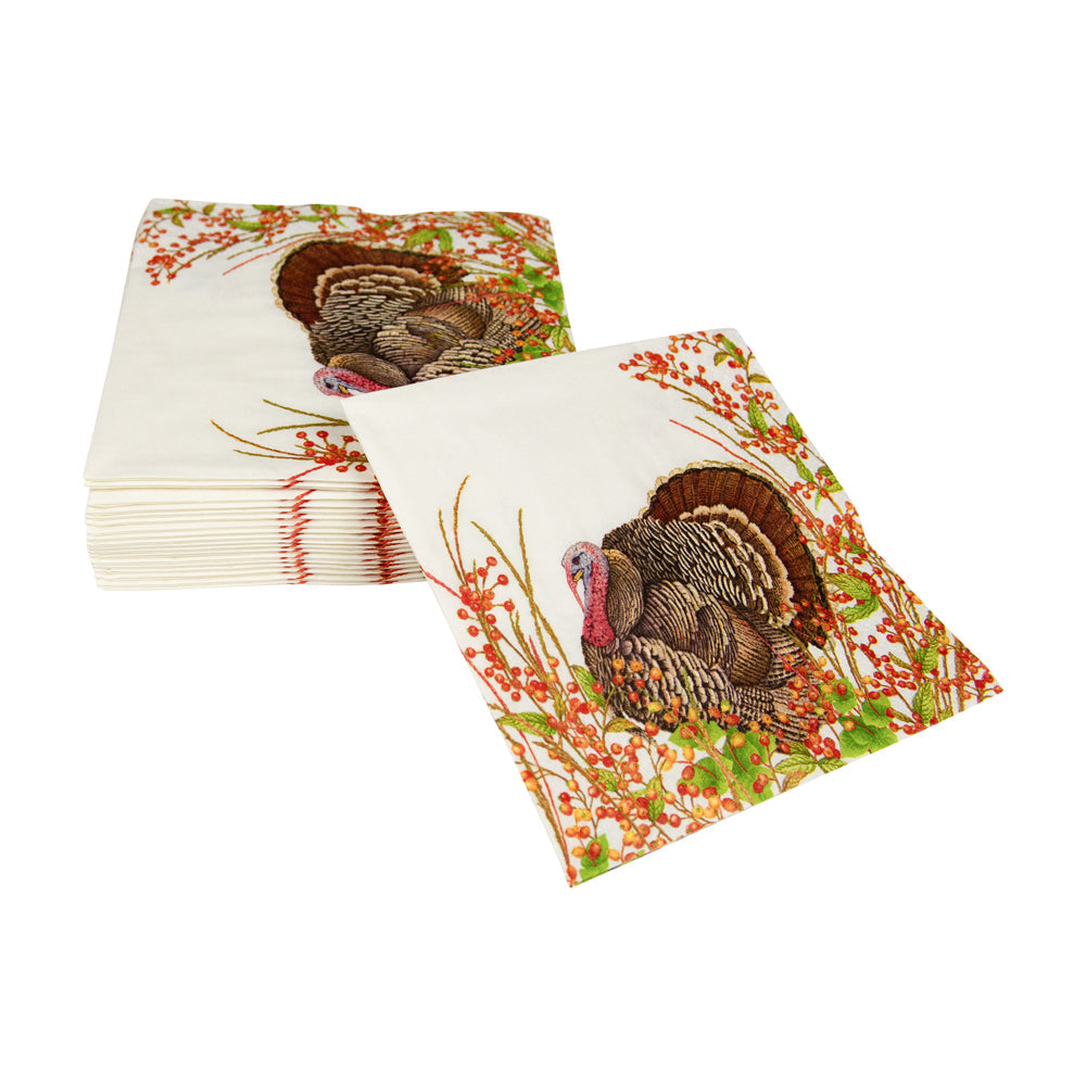 An image of Caspari Turkey and Berries Cocktail Napkin