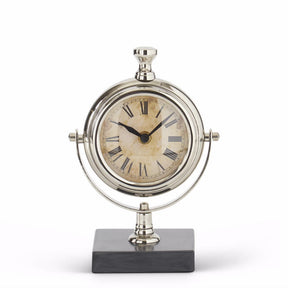 K & K 9" Round Silver Metal Table Clock with Square Black Marble Base