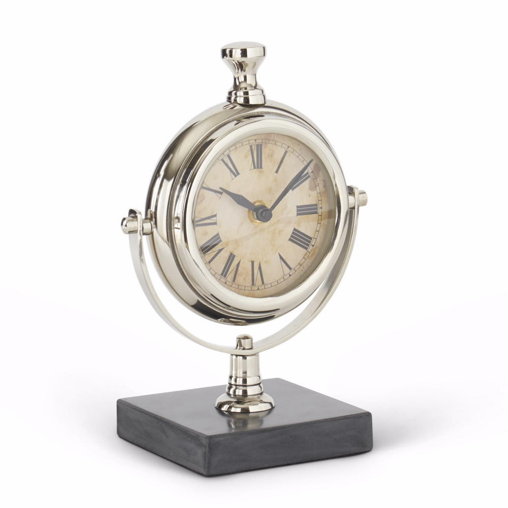 K & K 9" Round Silver Metal Table Clock with Square Black Marble Base
