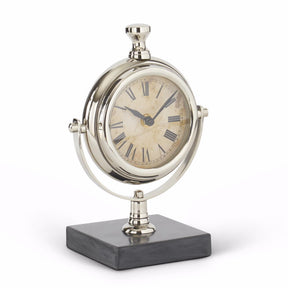 K & K 9" Round Silver Metal Table Clock with Square Black Marble Base