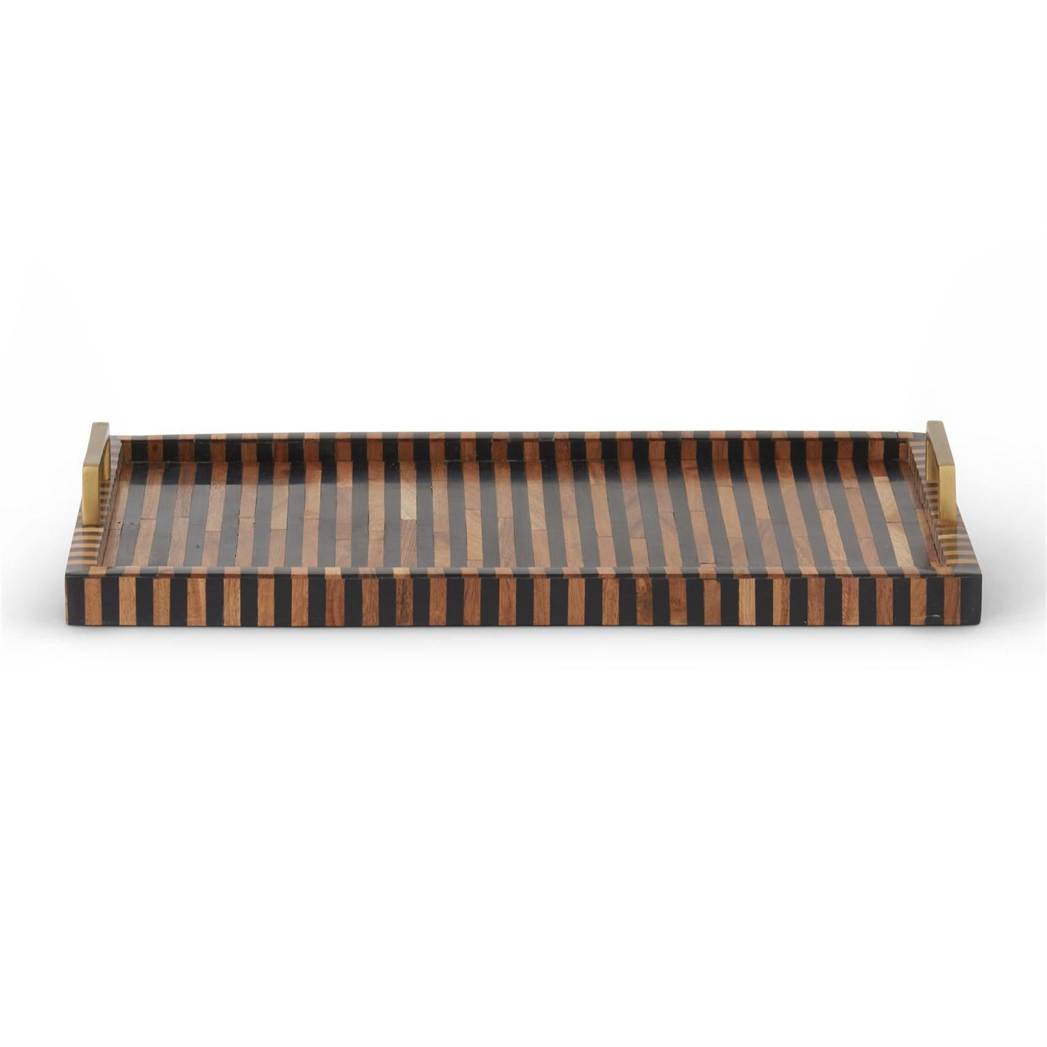 An image of K & K 18" Rectangular Brown & Black Tile Tray with Metal Handles