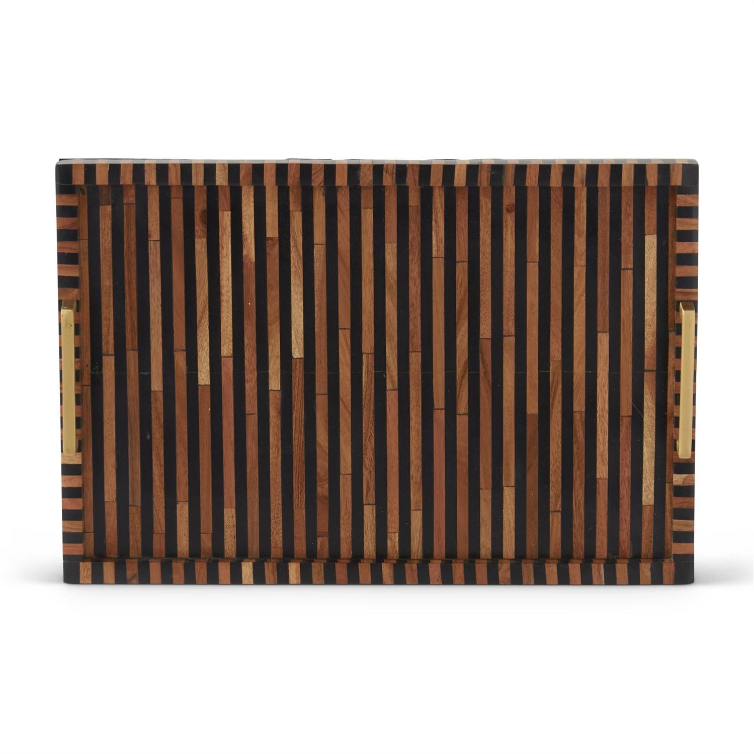 An image of K & K 18" Rectangular Brown & Black Tile Tray with Metal Handles