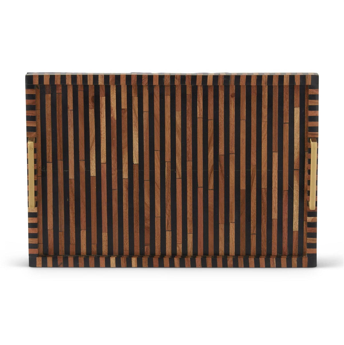 K & K 18" Rectangular Brown & Black Tile Tray with Metal Handles