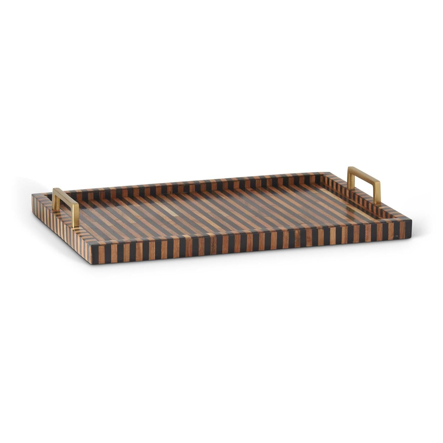 An image of K & K 18" Rectangular Brown & Black Tile Tray with Metal Handles