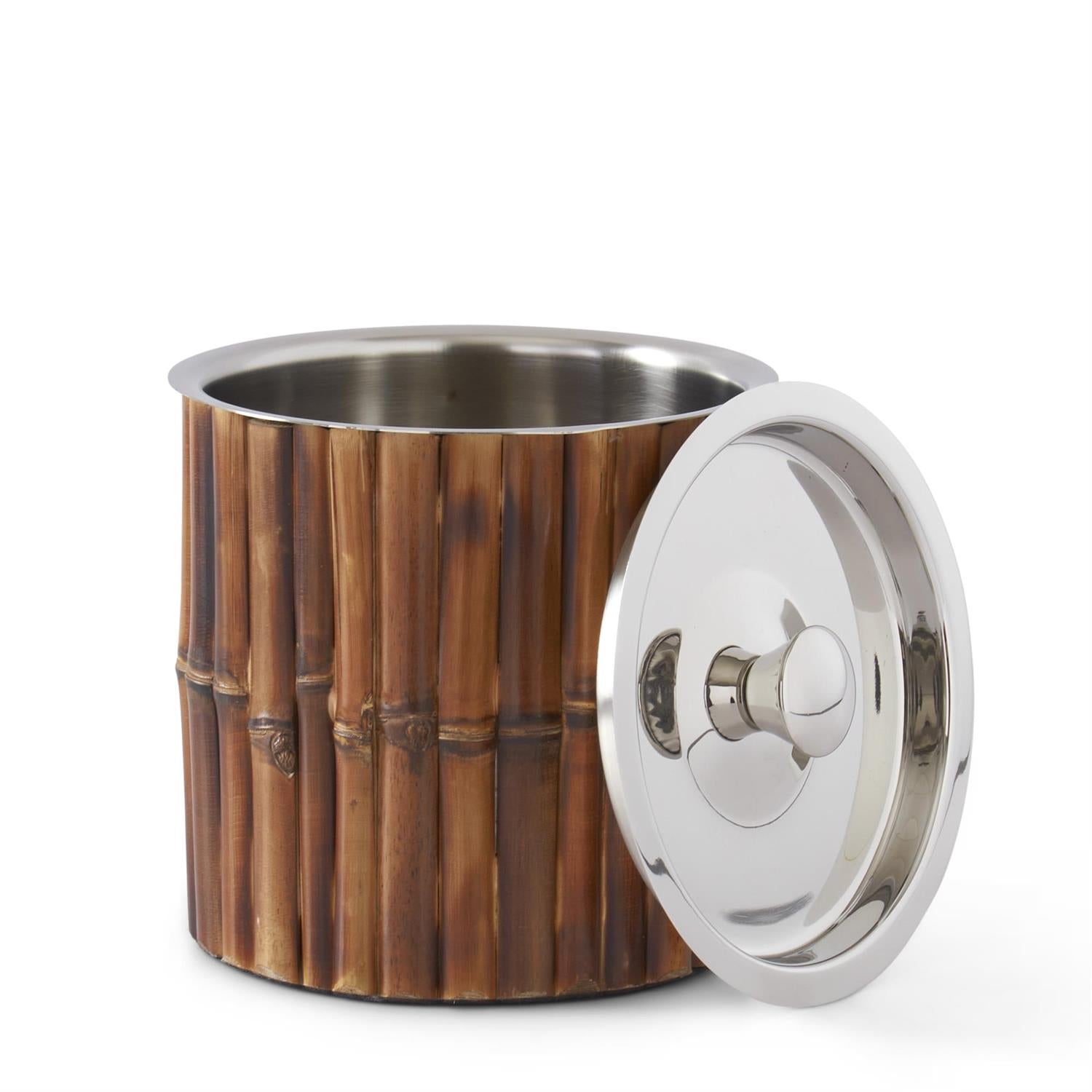 An image of K & K 7" Silver Metal & Bamboo Ice Bucket