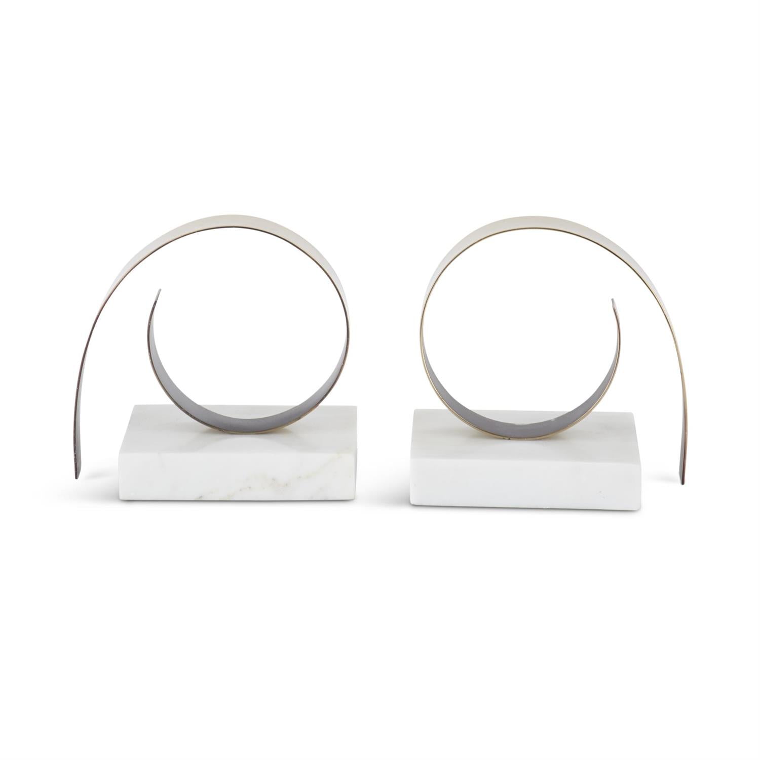 K & K Gold Metal Coil & White Marble Bookends