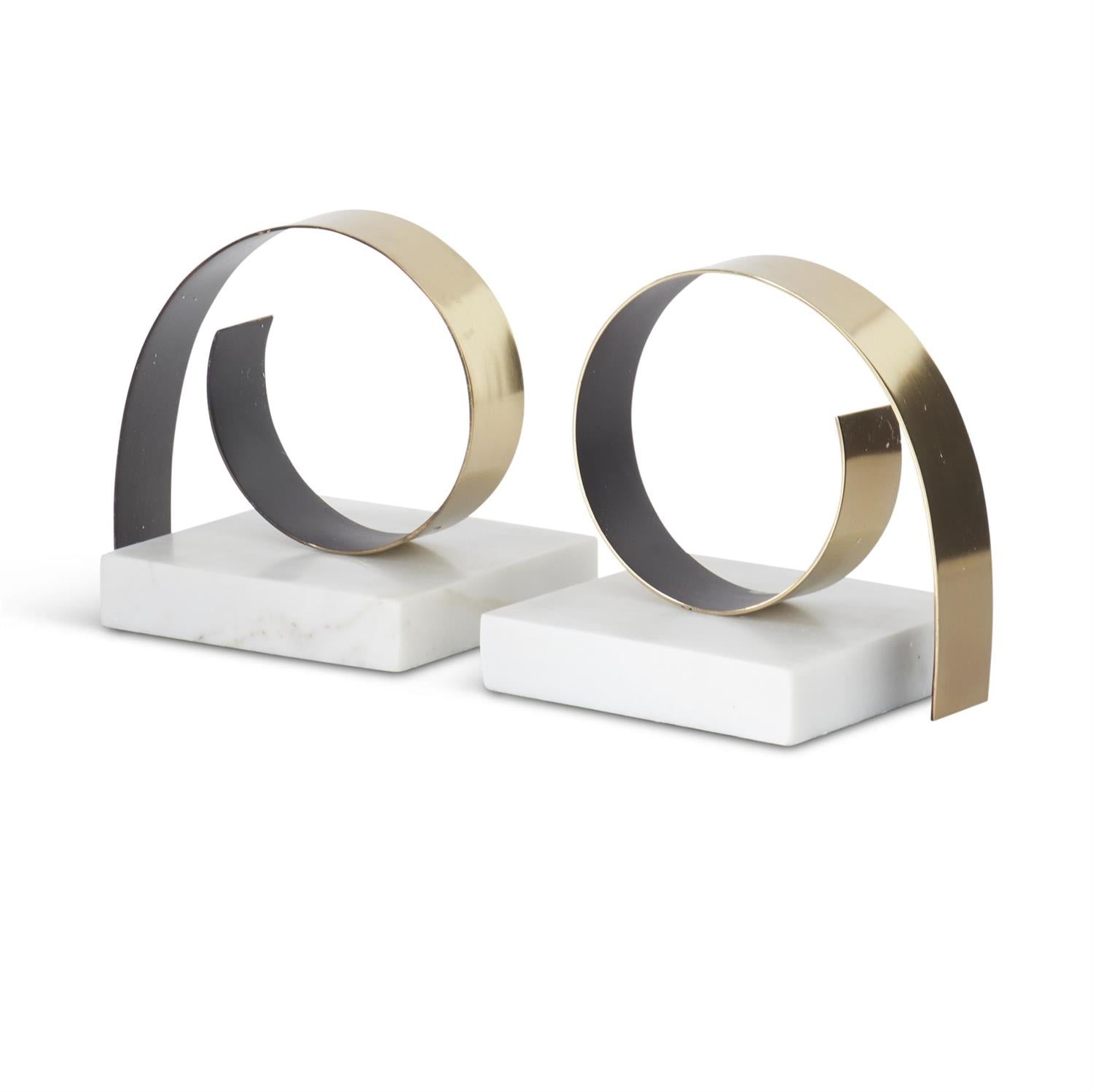 K & K Gold Metal Coil & White Marble Bookends