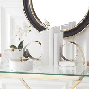 K & K Gold Metal Coil & White Marble Bookends