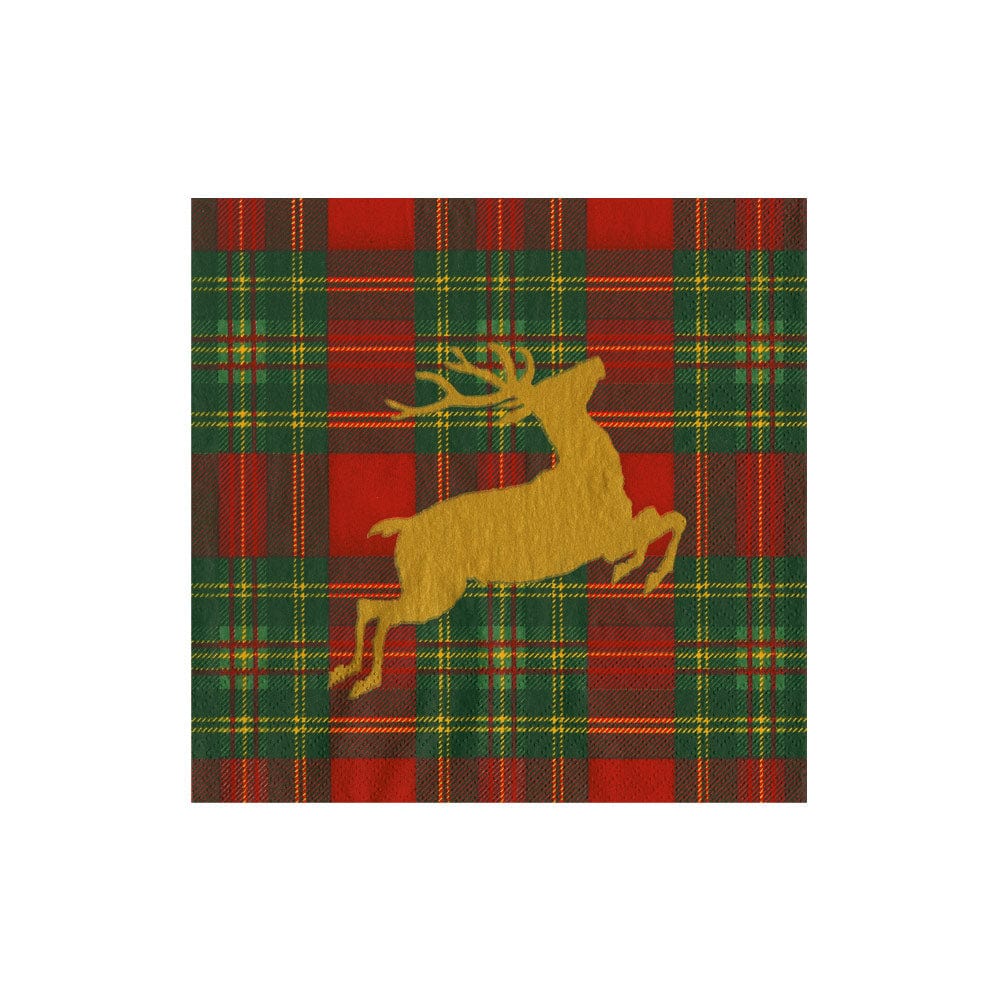 An image of Caspari Reindeer Tartan Red Cocktail Napkins