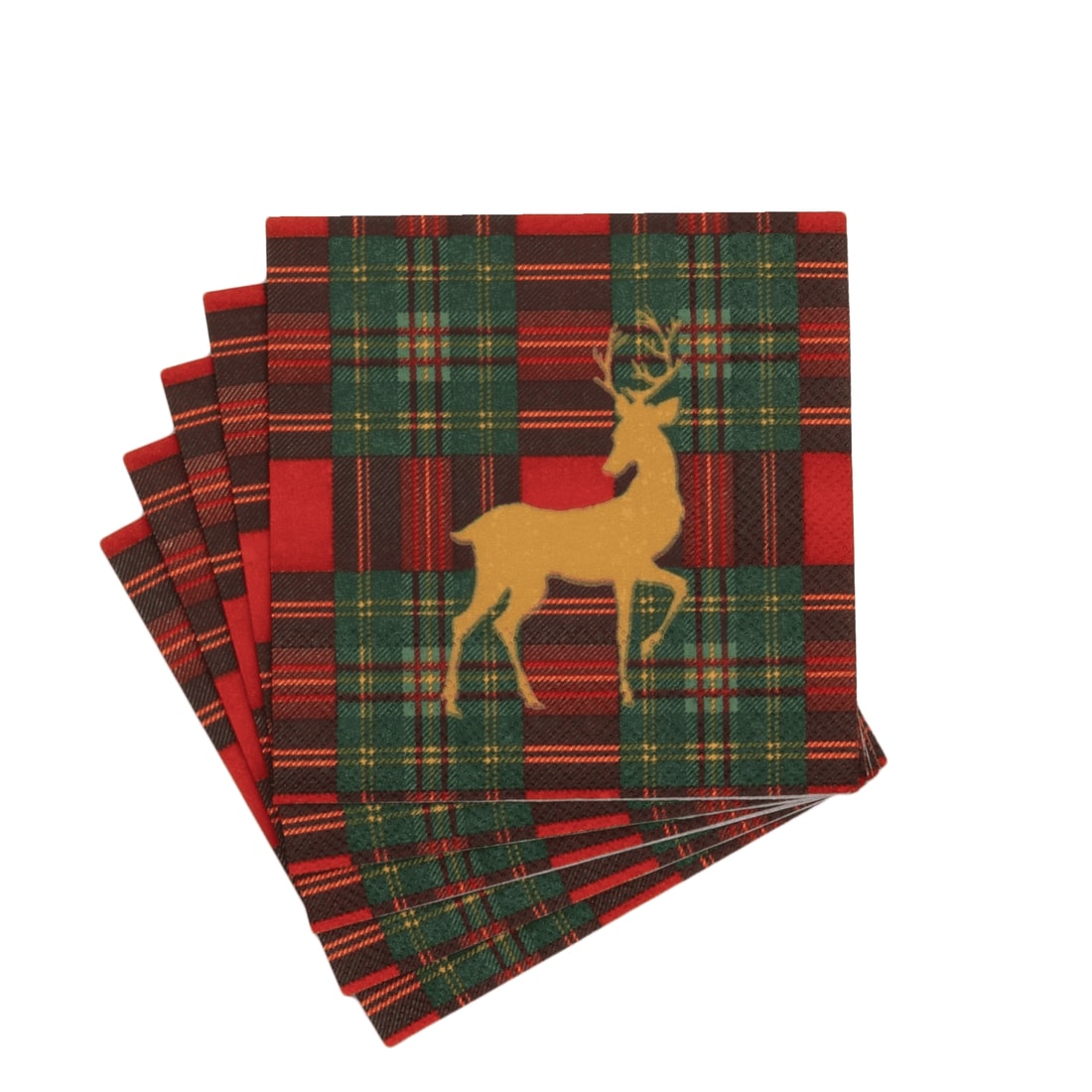 An image of Caspari Reindeer Tartan Red Cocktail Napkins