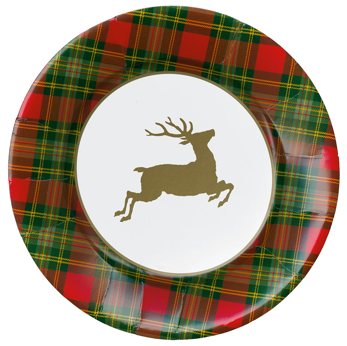 An image of Caspari Reindeer Tartan Red Dinner Plate