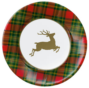 Caspari Reindeer Tartan Red Dinner Plate