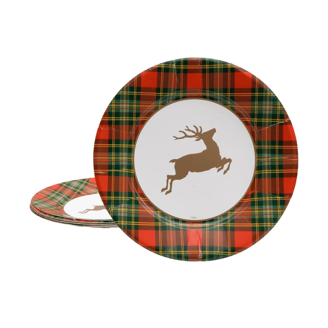 An image of Caspari Reindeer Tartan Red Dinner Plate