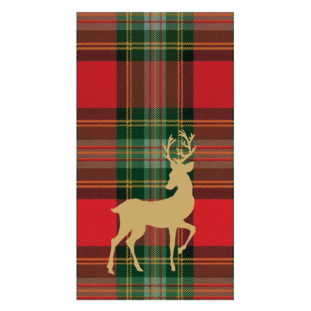 An image of Caspari Reindeer Tartan Red Guest Towels
