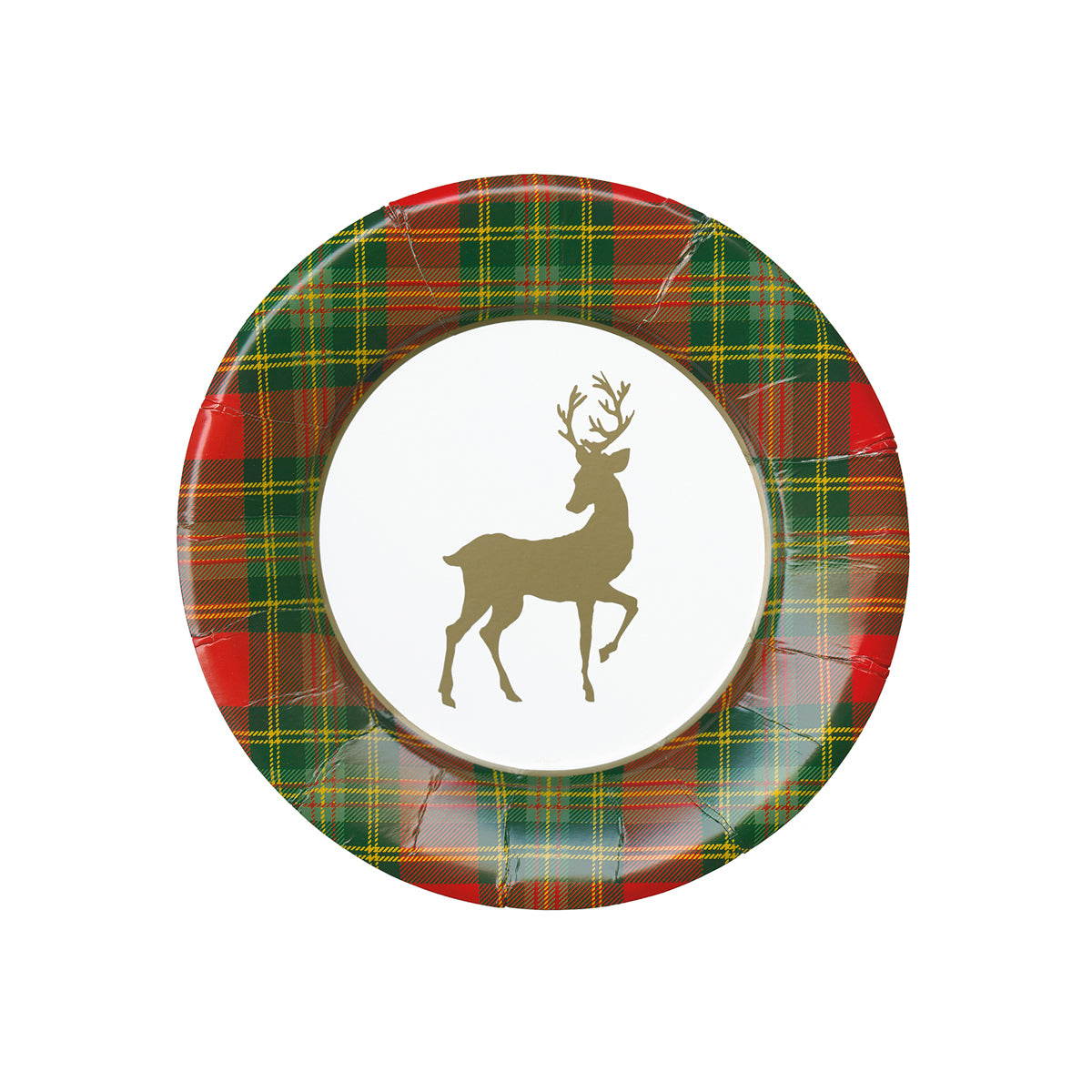 An image of Caspari Reindeer Tartan Red Salad / Dessert Plate