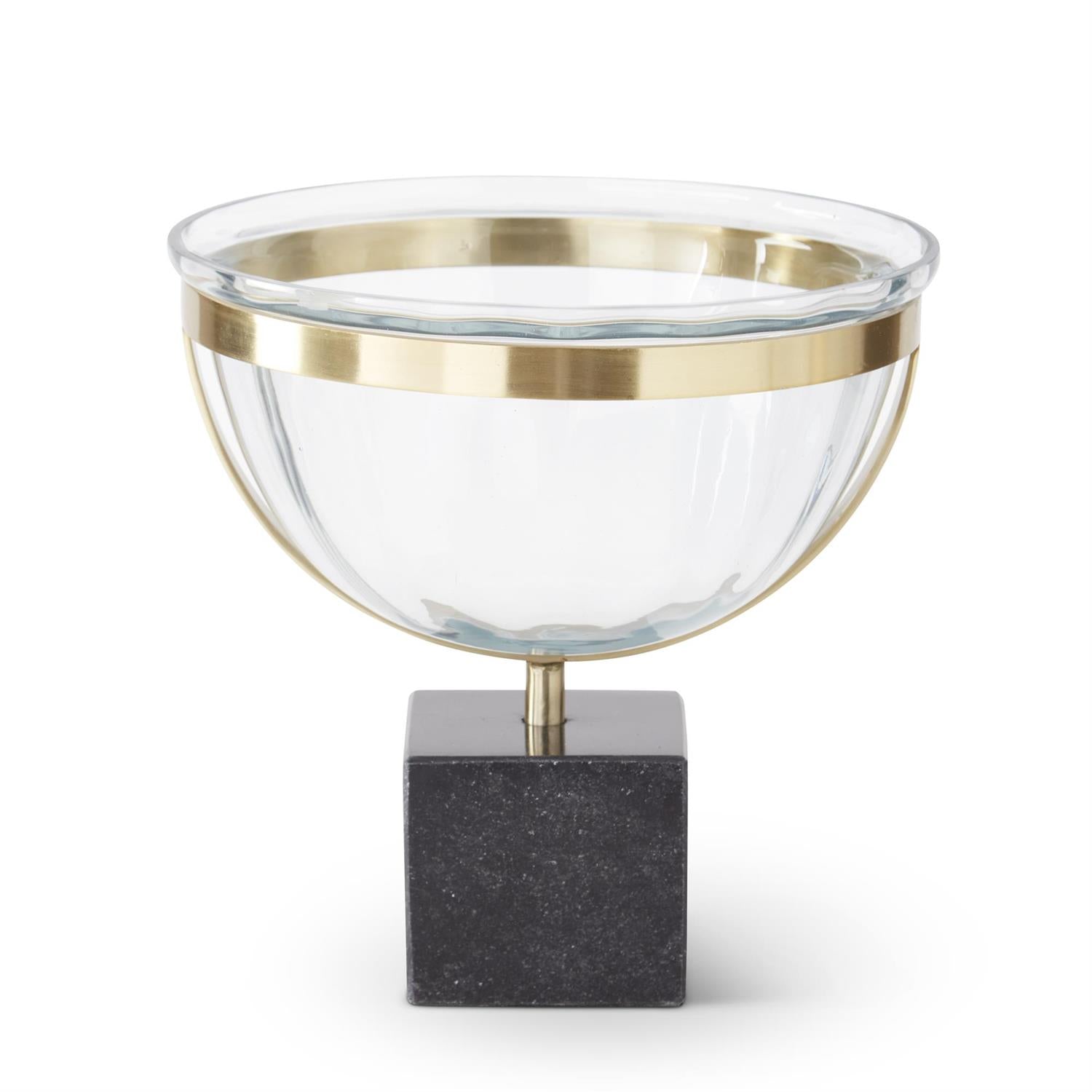 An image of K & K 9.25" Clear Glass Compote in Gold Frame on Square Marble Base