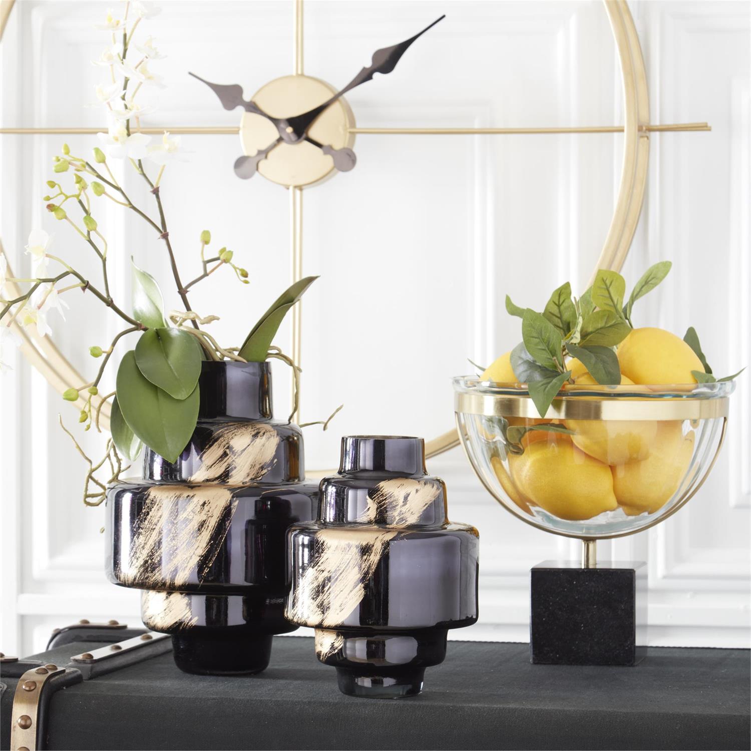 K & K 9.25" Clear Glass Compote in Gold Frame on Square Marble Base