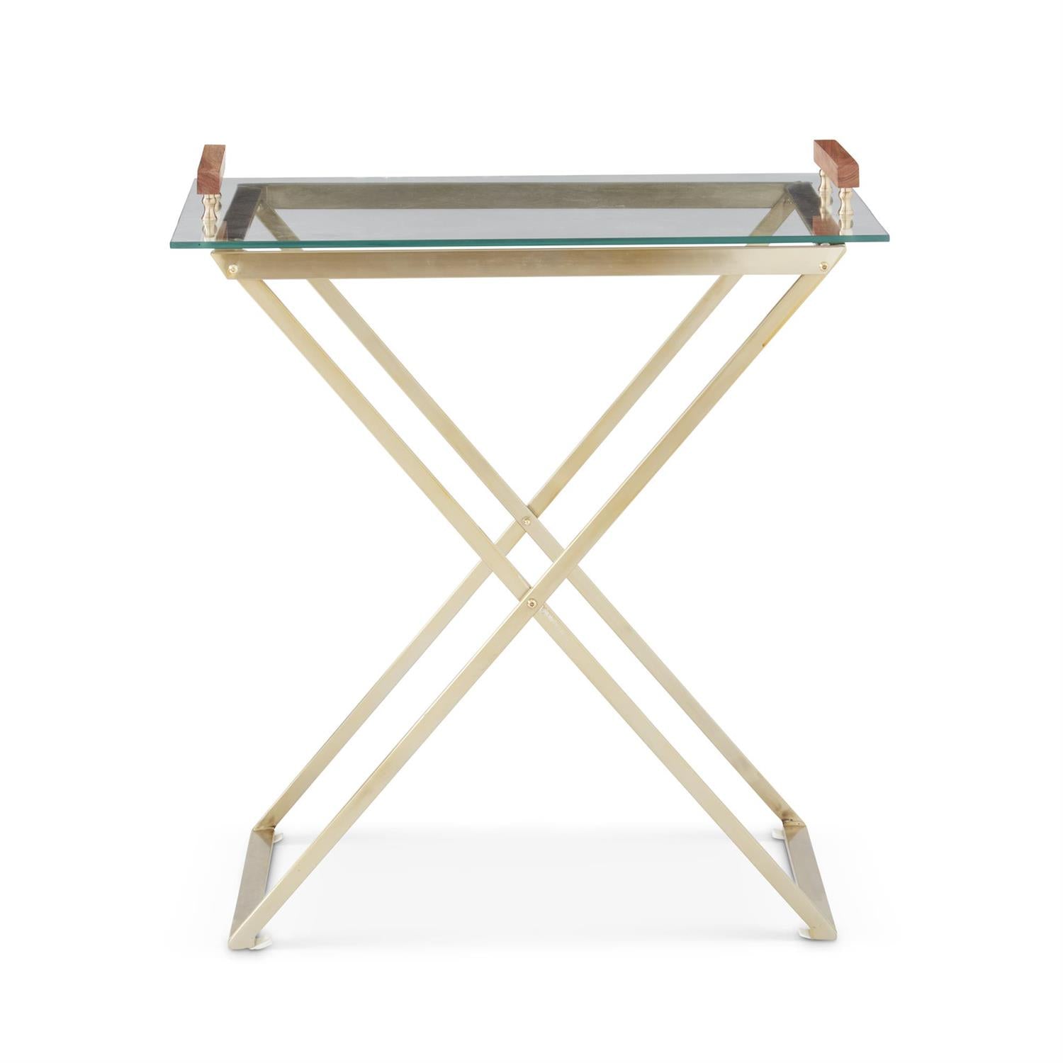 An image of K & K Gold Metal Bar Table with Glass Tray Top