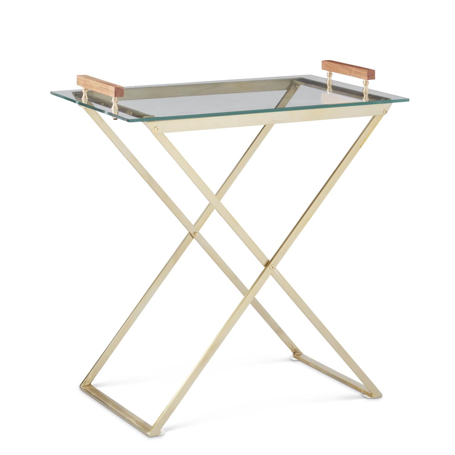 An image of K & K Gold Metal Bar Table with Glass Tray Top