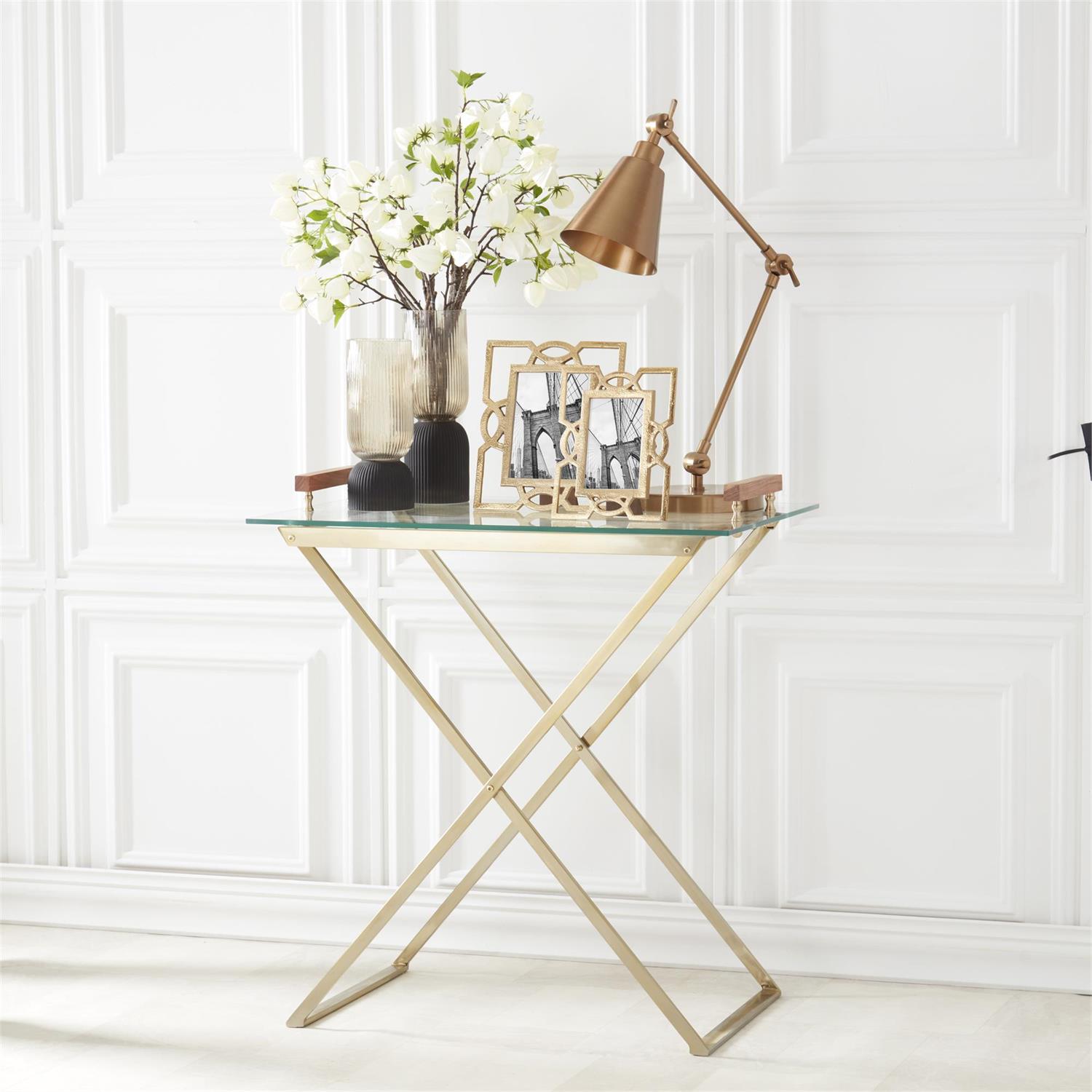 An image of K & K Gold Metal Bar Table with Glass Tray Top