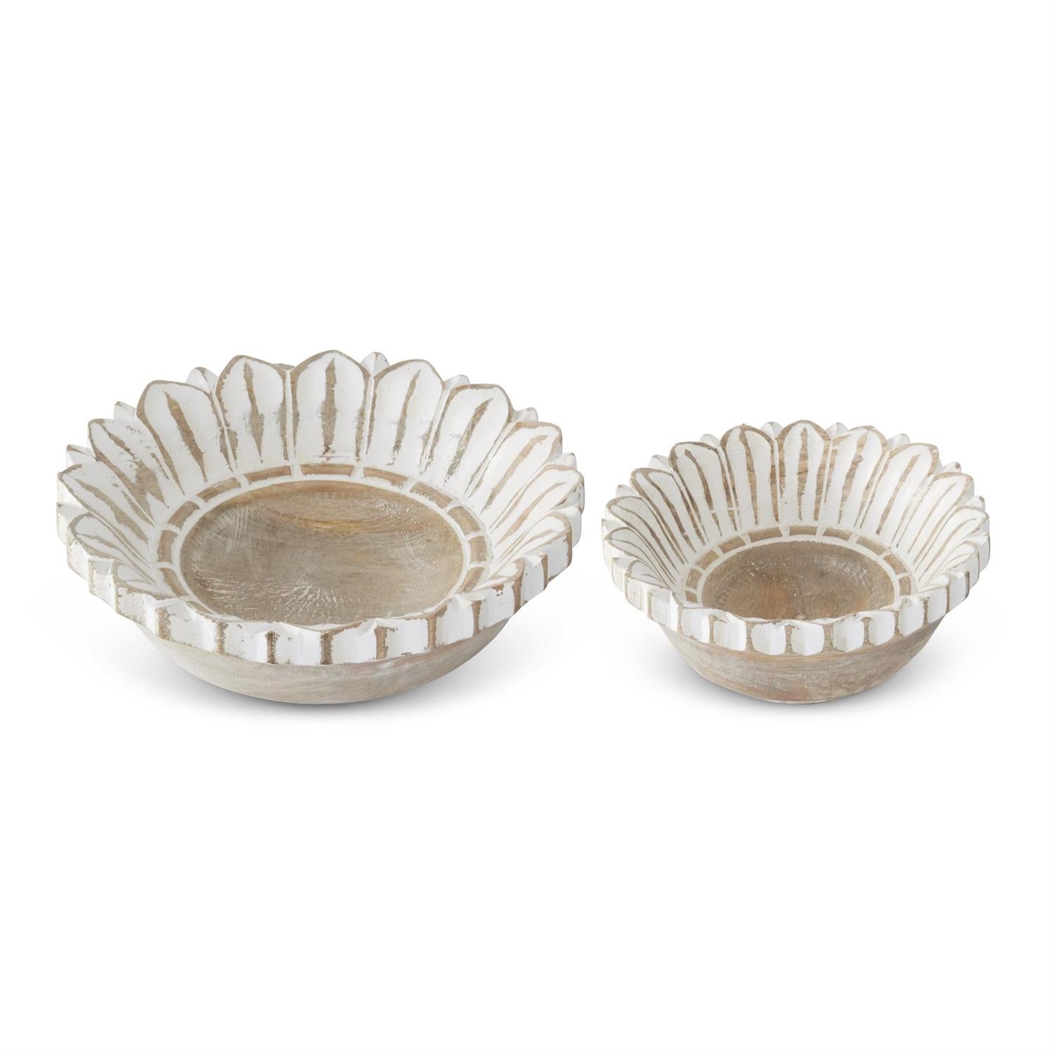 K & K Nesting Whitewashed Carved Wood Flower Bowls - Set of 2