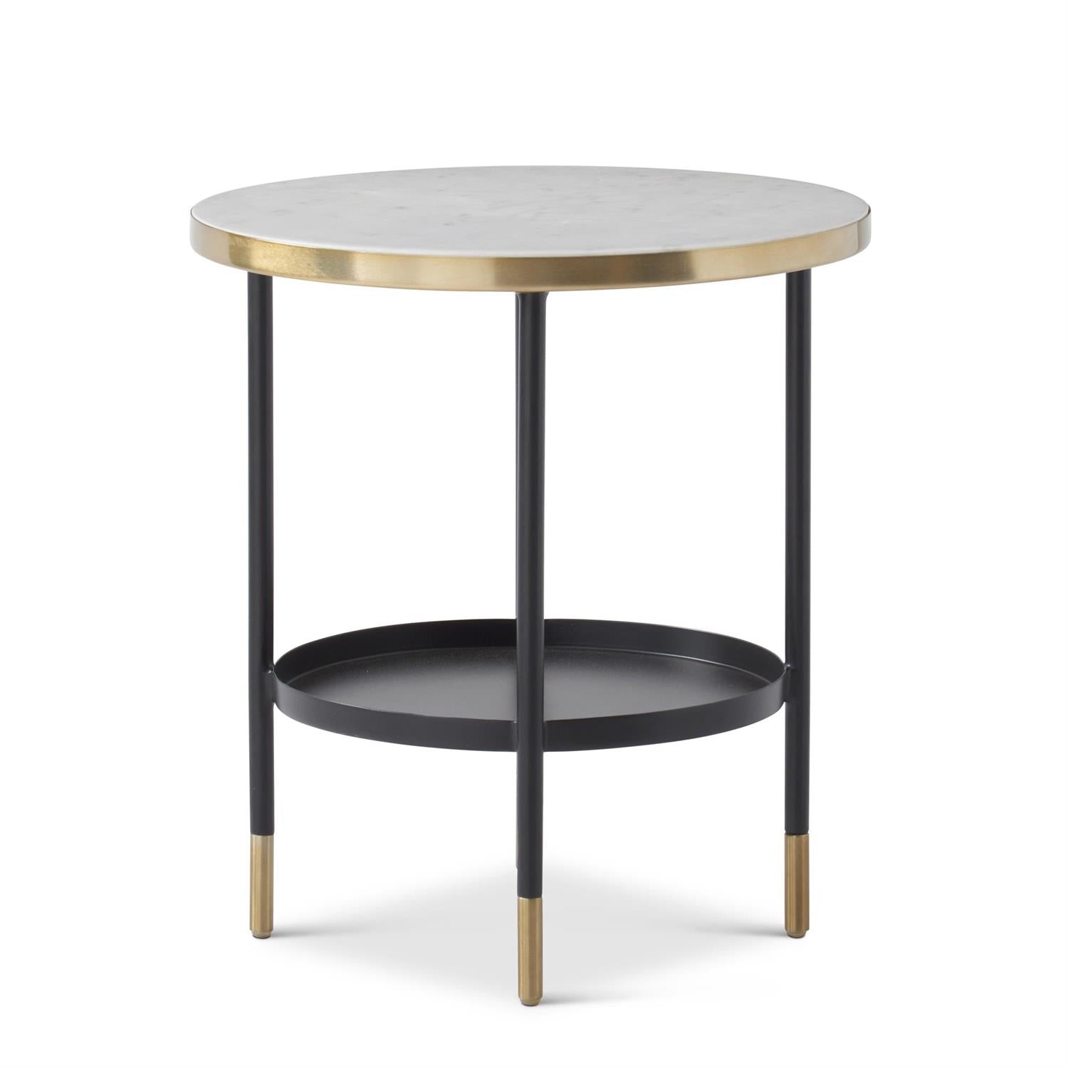 K & K White Marble Top Black & Gold Metal Side Table