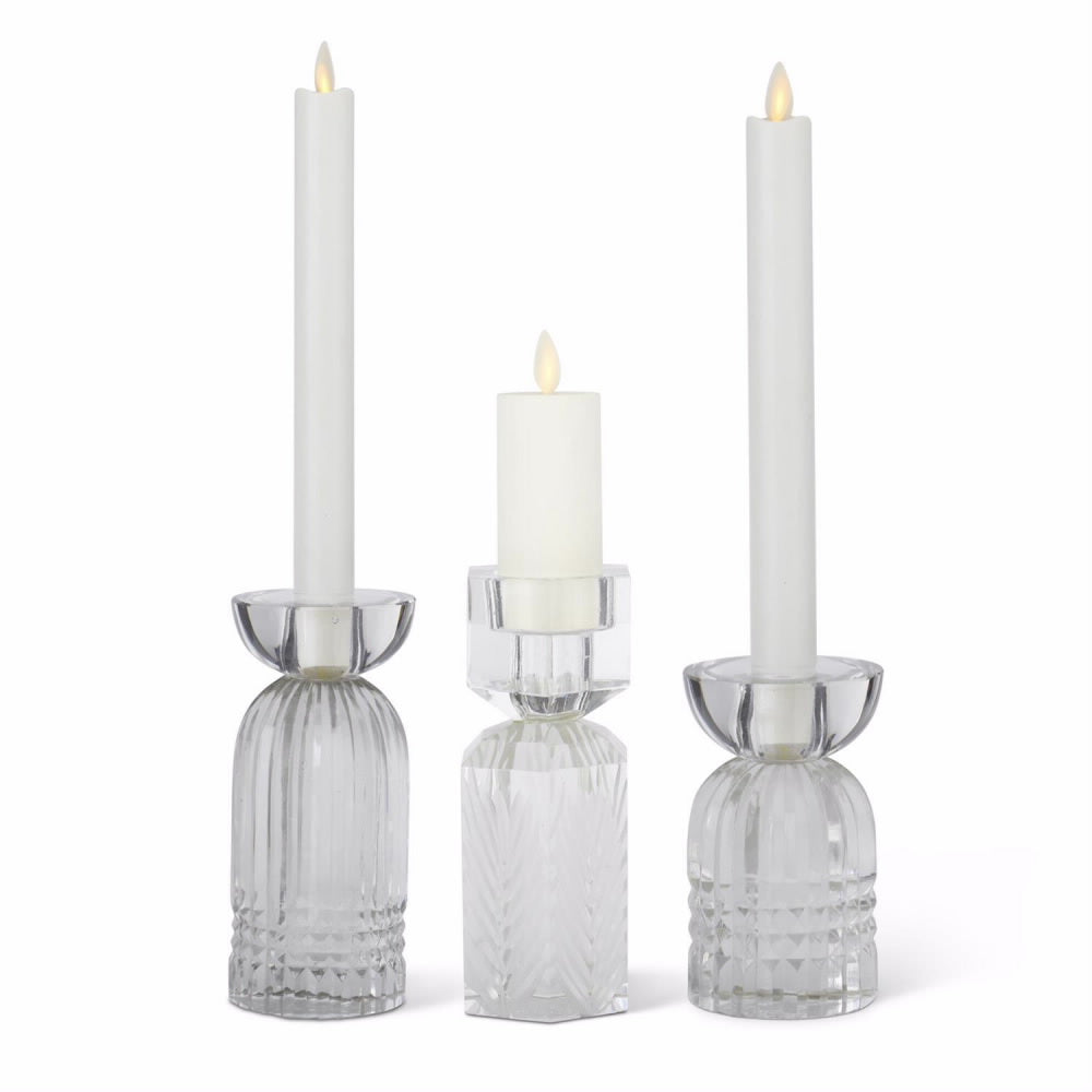 K & K Clear Cut Glass Taper Candleholders - Set of 3