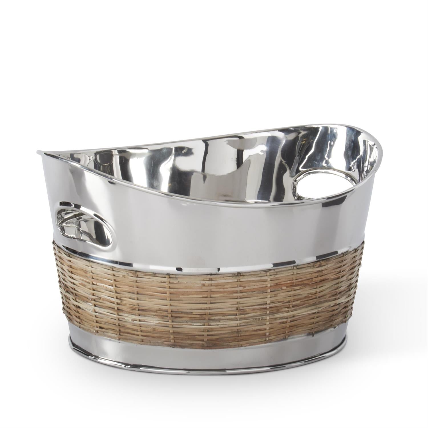 An image of K&K Interiors 8" Silver and Woven Cane Wine Chiller Bucket