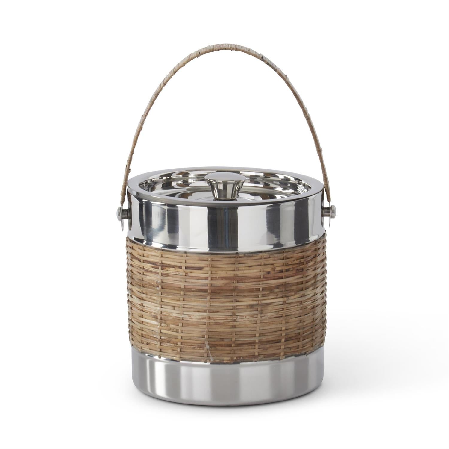 An image of K&K Interiors 7.5" Silver and Woven Cane Ice Bucket
